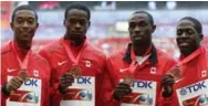  ?? GRIGORY DUKOR/REUTERS ?? Canada’s 4x100-metre relay bronze medallists (l-r): Dontae Richards-Kwok, Aaron Brown, Gavin Smellie, Justyn Warner.