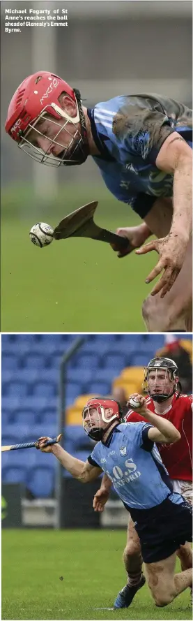  ??  ?? Michael Fogarty of St Anne’s reaches the ball ahead of Glenealy’s Emmet Byrne. Diarmuid O’Keeffe of St Anne’s is sent flying by Danny Staunton.