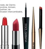  ??  ?? Arriba, producto estrella, colorete dorado, de Clarins (42¤). De izda. a dcha.: labiales de Lancôme, Armani, Dolce&amp;Gabbana, Clinique y Sensilis. Eyeliner, de Dolce&amp;Gabbana (25¤) y labial con aplicador intercambi­able, de Hourglass (34,55¤).