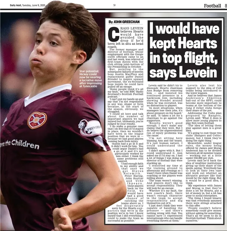  ??  ?? Star potential: Hickey could now be nearing a lucrative move after impressing at Tynecastle