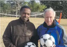  ??  ?? Jean-Claude Munyezamu, of Soccer Without Boundaries, left, and life skills coach and soccer enthusiast Les Hewitt, author of The Power of Focus, meet with teen refugees every Saturday in the Glenbrook community.