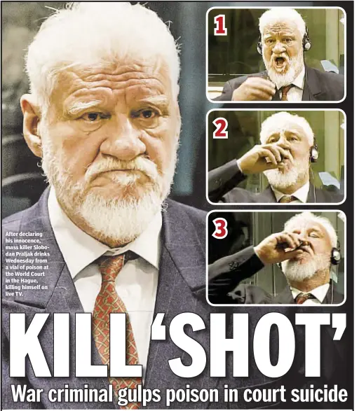  ??  ?? Stephen Rex Brown and Reuven Blau After declaring his innocence, mass killer Slobodan Praljak drinks Wednesday from a vial of poison at the World Court in the Hague, killing himself on live TV.