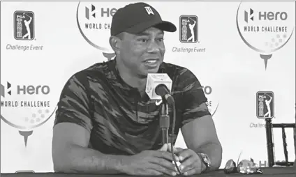  ?? DOUG FERGUSON/AP ?? TIGER WOODS HOLDS HIS FIRST PRESS CONFERENCE since his Feb. 23 car crash in Los Angeles at the Hero World Challenge golf tournament in Nassau, Bahamas Tuesday.