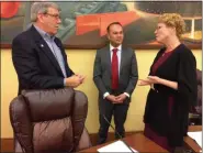  ?? EVAN BRANDT — MEDIANEWS GROUP ?? Phoenixvil­le Borough Manager E. Jean Krack and Mayor Peter Urscheler talk with U.S. Rep. Chrissy Houlahan at the conclusion of her affordable housing roundtable.