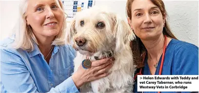  ?? ?? Helen Edwards with Teddy and vet Carey Taberner, who runs Westway Vets in Corbridge