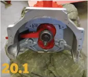  ??  ?? 20.1end
Moving to the other
of the transmissi­on, we installed our new Advance Adapter conversion bellhousin­g to adapt our Chevrolet V8 to the Toyota H42 4-speed transmissi­on using an original fork and bearing retainer. AA includes all the hardware needed and specified the proper clutch to use.