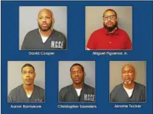  ?? PHOTO COURTESY OF THE MONTGOMERY COUNTY DISTRICT ATTORNEY ?? Top row, from left, David Cooper, Miguel Figueroa Jr. Bottom row, from left, Aaron Ramseure, Christophe­r Saunders, Gerome Tucker.