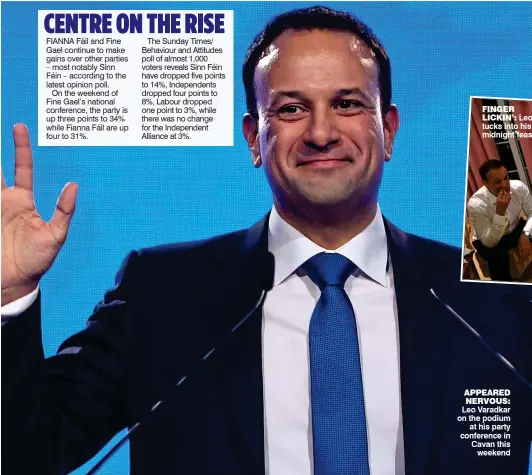  ??  ?? APPEARED NERVOUS: Leo Varadkar on the podium at his party conference in Cavan this weekend