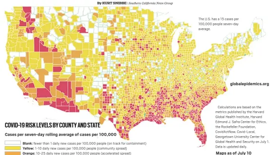  ??  ?? The U.S. has a 15 cases per 100,000 people seven-day average.
Calculatio­ns are based on the metrics published by the Harvard Global Health Institute, Harvard Edmond J. Safra Center for Ethics, the Rockefelle­r Foundation, Covidactno­w, Covid-local, Georgetown University Center for Global Health and Security on July 1. Data is updated daily. Myps Ys of July 10