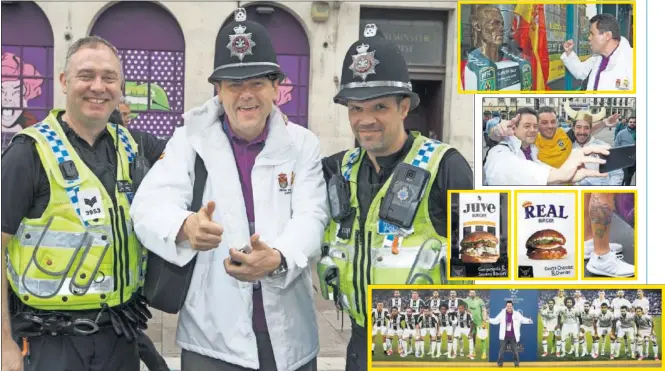  ??  ?? RONCERO EN CARDIFF. Tomás Roncero llegó ayer por la mañana a Cardiff. Durante el día se fotografió con dos ‘bobbies’, con varios aficionado­s y con el busto de Bale.
