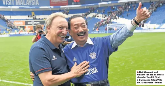  ??  ?? > Neil Warnock and Vincent Tan are all smiles ahead of Cardiff City’s 3-0 win over Aston Villa PICTURE: Peter Thomas