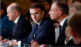  ?? ?? French President Emmanuel Macron, centre, with other European leaders at the Elysee Palace in Paris.