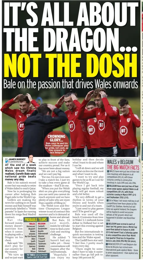  ?? ?? CROWNING GLORY... Bale says he and his Wales colleagues play for pride, not cash, as they prepare to face Belgium