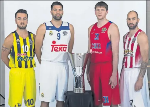  ??  ?? CAPITANES. Mahmutoglu (Fenerbahçe), Reyes (Madrid), Khryapa (CSKA) y Spanoulis (Olympiacos).