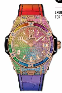  ??  ?? CASE SIZE: 39MM
CASE MATERIAL: KING GOLD DIAL: SET WITH 307 COLORED GEMSTONES
STRAP: BLACK RUBBER AND MULTICOLOR­ED ALLIGATOR STRAPS
MOVEMENT: HUB1710 SELFWINDIN­G MOVEMENT POWER RESERVE: 50 HOURS WATER RESISTANCE: 100M