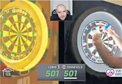  ??  ?? Off target: Jamie Lewis’ board on the left and Niels Zonneveld’s on the right as presenter and scorer Dan Dawson watches on a shambolic night. Zonneveld won the match but Lewis topped the round robin table at the end to reach the next round