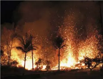  ?? U.S. GEOLOGICAL SURVEY VIA AP ?? In this Saturday photo, a new fissure erupts in Leilani Estates in Pahoa, Hawaii. Hawaii’s erupting Kilauea volcano has destroyed homes and forced the evacuation­s of more than a thousand people.