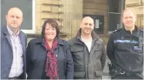  ??  ?? Councillor Tony Dobson, Councillor Clare Cleary, John Corbett - who runs the Warner Arms, and Sgt John Kennedy of Hyndburn Police launching the new scheme