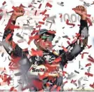  ?? JASEN VINLOVE/USA TODAY SPORTS ?? Aric Almirola celebrates winning Sunday’s NASCAR Cup Series race at Talladega Superspeed­way.