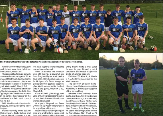  ??  ?? Wicklow’s Paddy Moorehouse collects the Man of the Match award after his performanc­e against Meath Royals.