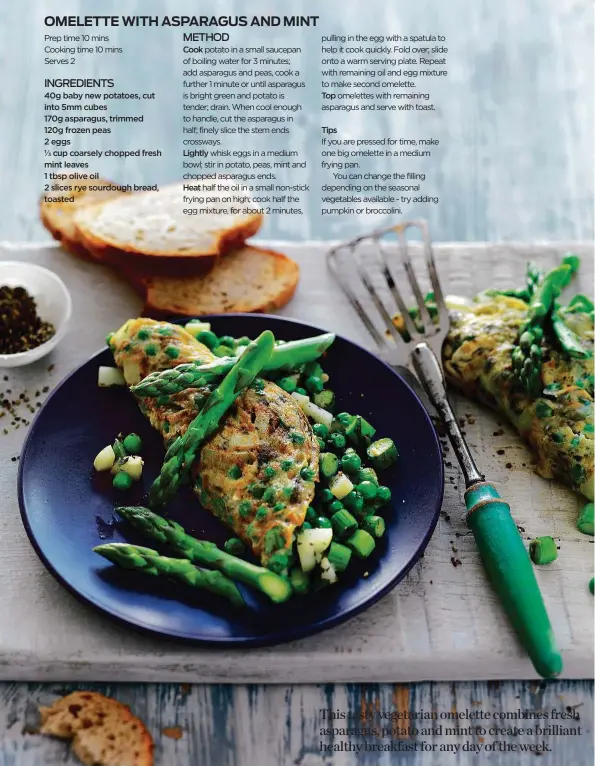  ??  ?? This tasty vegetarian omelette combines fresh asparagus, potato and mint to create a brilliant healthy breakfast for any day of the week.