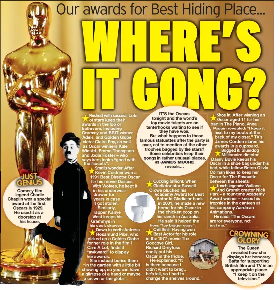  ??  ?? JUST GENIUS Comedy film legend Charlie Chaplin won a special award at the first Oscars in 1929. He used it as a doorstop at his house.