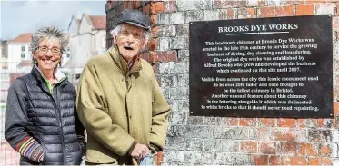  ??  ?? Simon Brooks with his daughter at the unveiling of the plaque; right, the historic Brooks Dye Works chimney