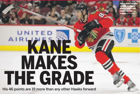  ??  ?? Patrick Kane has been carrying the Hawks’ offense, which ranks 22nd in the NHL in goals. GETTY IMAGES