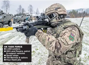  ??  ?? UK TASK FORCE 2,000 soldiers 500 Land Rovers, patrol &amp; support vehicles Seven ships 750 Marines &amp; sailors Four Hawk jets A soldier checks his weapon as his convoy moves on in Norway as part of the Nato exercise