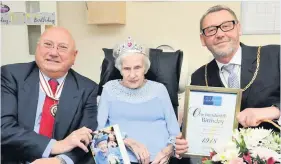  ??  ?? Birthday girl Nan Brown with Deputy Lieutenant John Mckenzie (left) and South Lanarkshir­e Provost Councillor Ian Mcallan