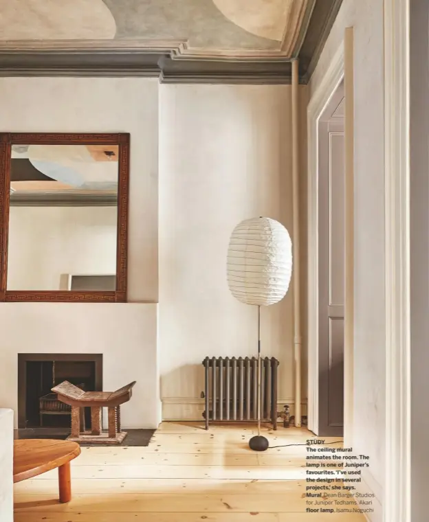  ??  ?? STUDY
The ceiling mural animates the room. The lamp is one of Juniper’s favourites. ‘I’ve used the design in several projects,’ she says. Mural, Dean Barger Studios for Juniper Tedhams. Akari floor lamp, Isamu Noguchi