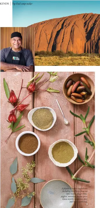  ??  ?? A platter of native ingredient­s including (clockwise from top left) rosella, finger limes, pigface, mountain pepper spice; lemon myrtle, rainforest spice and roast wattleseed.