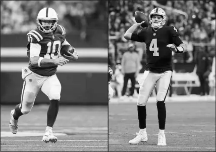  ?? AP FILE PHOTOS (2023) ?? Gardner Minshew, left, and Aidan O’connell, right, will be among those competing this season to be the starting quarterbac­k for the Las Vegas Raiders. Minshew signed with the Raiders in the offseason; O’connell completed his rookie season with the team last year. Depending on next week’s NFL Draft, they may be joined by another candidate.