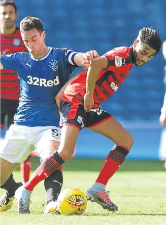  ?? Picture: SNS Group. ?? Left: Dundee’s Cammy Kerr and Scott Bain can do nothing to prevent Josh Windass making it 2-0; above: Dark Blues scorer Faissal El Bakhtaoui battles with Rangers captain Lee Wallace.