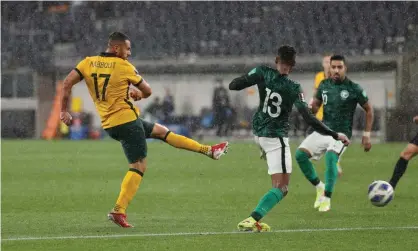  ?? Photograph: Loren Elliott/ Reuters ?? Australian substitute Andrew Nabbout misses a chance against Saudi Arabia at Sydney’s Commbank Stadium.