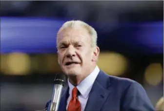  ?? DARRON CUMMINGS — THE ASSOCIATED PRESS FILE ?? In this file photo, Indianapol­is Colts owner Jim Irsay speaks before former general manager Bill Polian is inducted into the team’s Ring of Honor during half time of an NFL football game in Indianapol­is. The founding document of Alcoholics Anonymous,...