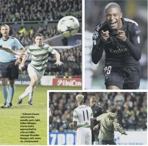  ??  ?? 2 Edinson Cavani nets from the penalty spot, right, Kylian Mbappe scores and is approached by a fan as Celtic manager Brendan Rodgers, left, looks on, unimpresse­d.