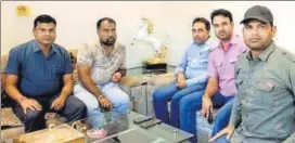  ??  ?? Mining engineer Gopal Lal Buchh (in full sleeve shirt with blue trousers) and middleman Lakshman Dhakar (below) were arrested on bribery charges. HT PHOTO