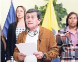  ?? AP ?? Pablo Beltran, a representa­tive of the National Liberation Army, known by its Spanish acronym ELN, reads a statement, at the end of peace talks with the Colombian government, in Quito, Ecuador yesterday.