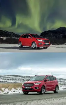  ??  ?? La Ford Kuga si gode lo spettacolo dell’aurora boreale. Sotto, il suv in marcia verso Capo Nord, nel paesaggio latteo del Nord