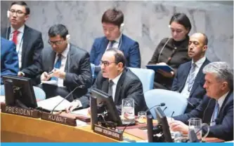  ??  ?? NEW YORK: Kuwait’s Permanent Representa­tive to the United Nations Ambassador Mansour Al-Otaibi speaks during a Security Council session.