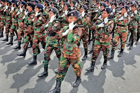  ?? ?? Troops rehearsing for the February 4 celebratio­ns. Pic by M.A. Pushpa Kumara