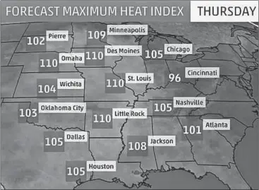  ?? Weather.com ?? Don’t expect any relief from the heat as temperatur­es are expected to soar in Polk County through the weekend. Nationally, the heat index will reach its high point Thursday.