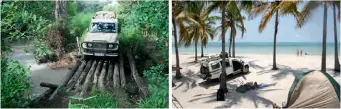  ??  ?? ABOVE, LEFT A typical bridge crossing. RIGHT The ‘office’ at Pangane Beach.TOP, LEFT Camping near Mecula Mountain in Niassa Reserve. RIGHT Winding down in Gili Reserve, in the central coastal Zambezia region. OPPOSITE, TOP A woodland road in Niassa Province in the far north. BOTTOM A stand of Borassus aethiopum (African fan palm) at Rovuma Camp.