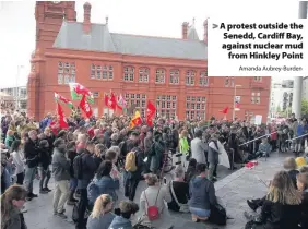  ?? Amanda Aubrey-Burden ?? &gt; A protest outside the Senedd, Cardiff Bay, against nuclear mud from Hinkley Point