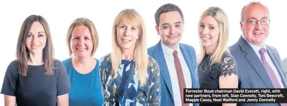  ??  ?? Forrester Boyd chairman David Everatt, right, with new partners, from left, Sian Connolly, Toni Beecroft, Maggie Casey, Neal Watford and Jenny Donnelly