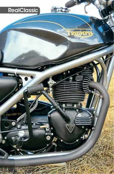  ??  ?? Triumph’s venerable 750 twin is compact enough to fit into a frame intended for a 500