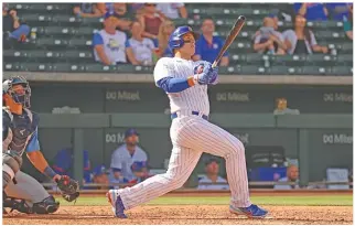  ?? JOHN ANTONOFF/SUN-TIMES ?? Anthony Rizzo notched his first spring hit with a two-run homer in the fourth inning Wednesday against the Mariners. Rizzo is expected to be a big part of the Cubs’ offense this season.