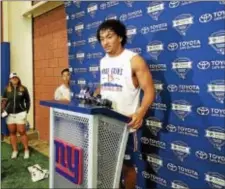  ?? GREG JOHNSON — TRENTONIAN PHOTO ?? Evan Engram speaks to reporters after Giants practice Sunday in East Rutherford.