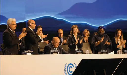  ?? ?? as COP27 President Sameh Shoukry delivers a statement during the closing plenary at the COP27 climate summit in Sharm El Sheikh, Egypt, on Sunday. — reuters